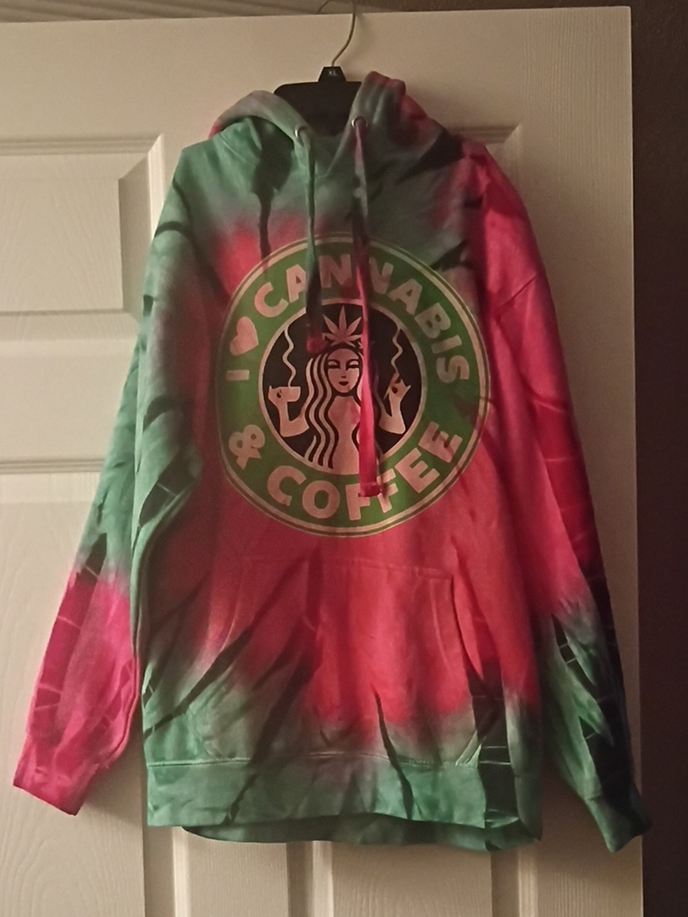 Cannabis & Coffee Tie-Dye Pullover Hoodie - Green & Pink